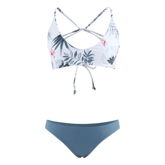 Tropical Floral Print Bikini Blue Gray Pink Open Back High Cut Swimsuit M - Picture 1 of 10